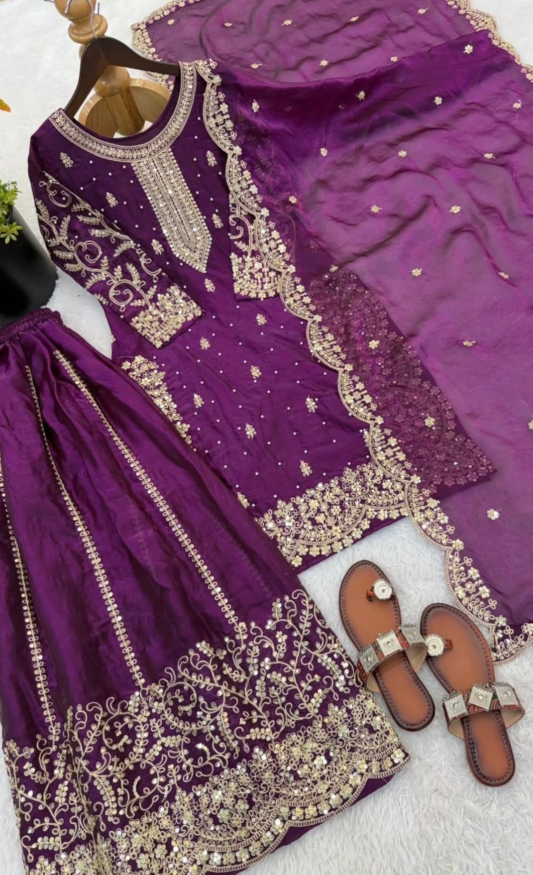 Royal Purple Embroidered Sharara Stitched