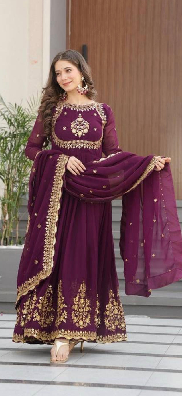 Wine Faux Blooming Georgette With Zari Thread & Sequins Embroidery Gown With Dupatta