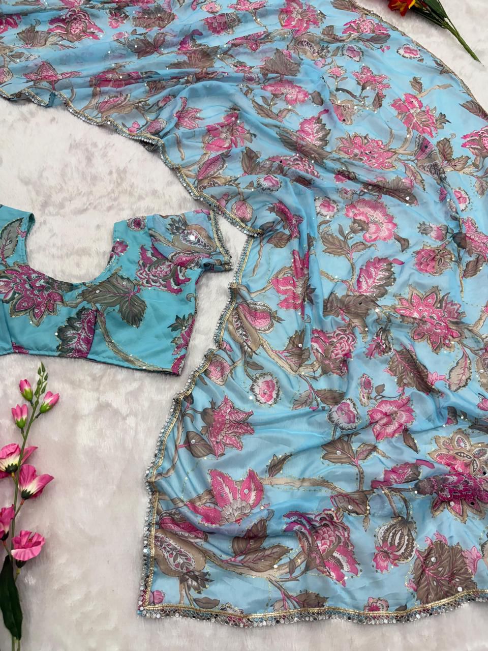 Tebby Silk Saree: Digital Floral Print, Embroidery & Mirror Work, Bollywood Style