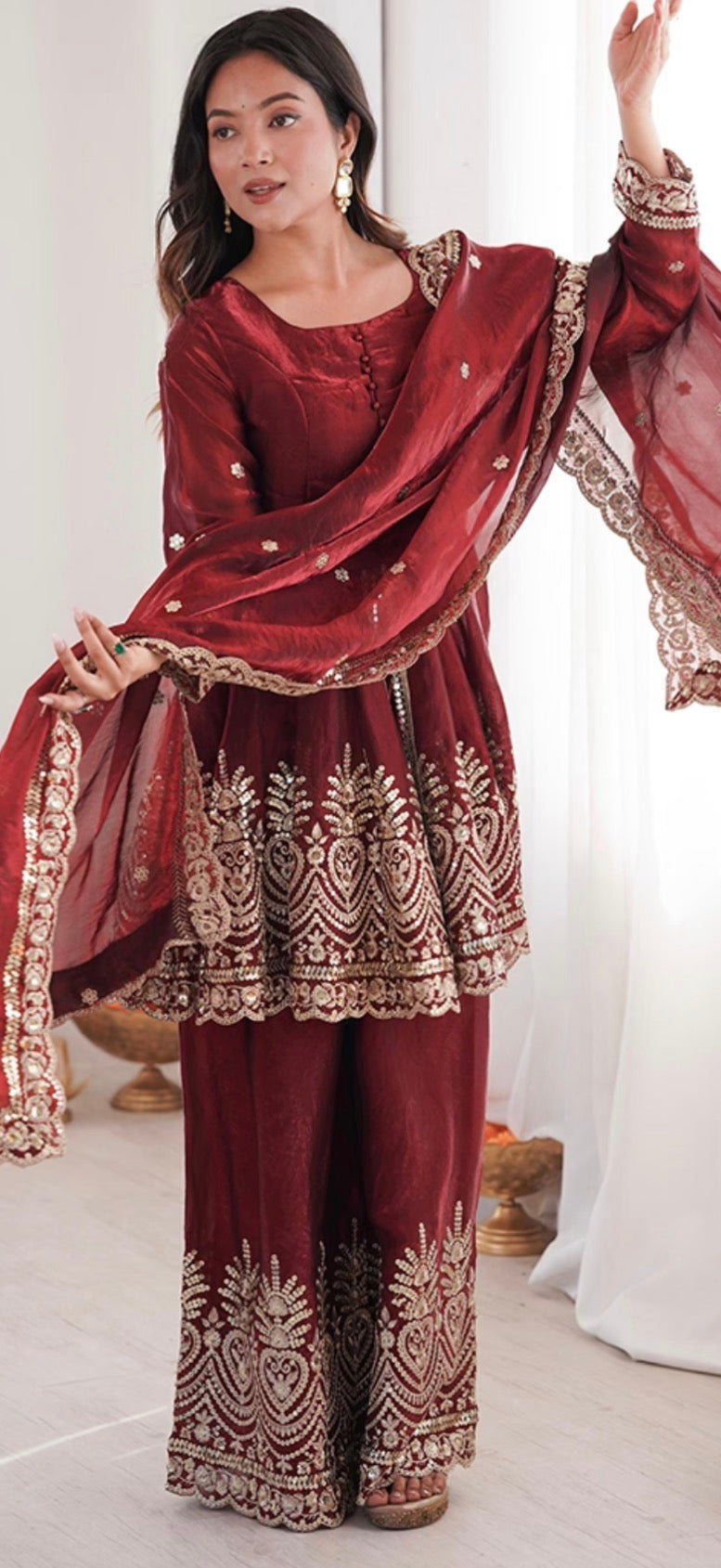Designer Readymade Mirror Work Peplum Top With Plazo And Dupatta Set