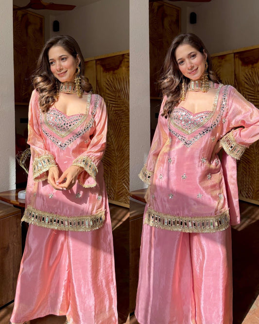 Premium Fendy Silk Mirror Work Top with Sharara Palazzo & Dupatta Set