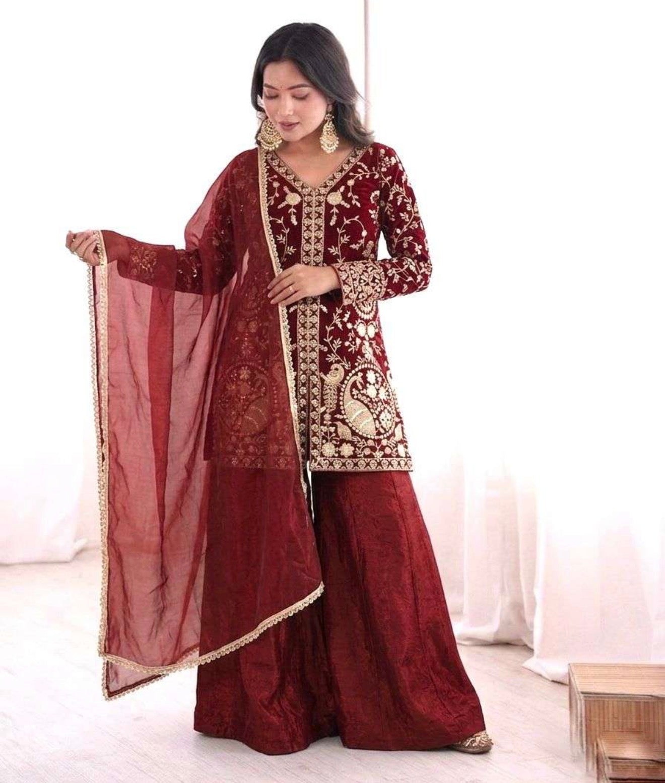 Ready Look Maroon Silk Embroidered Top With Designer Plazzo Wear And Four Side Lace Border Dupatta