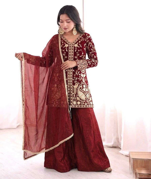 Ready Look Maroon Silk Embroidered Top With Designer Plazzo Wear And Four Side Lace Border Dupatta