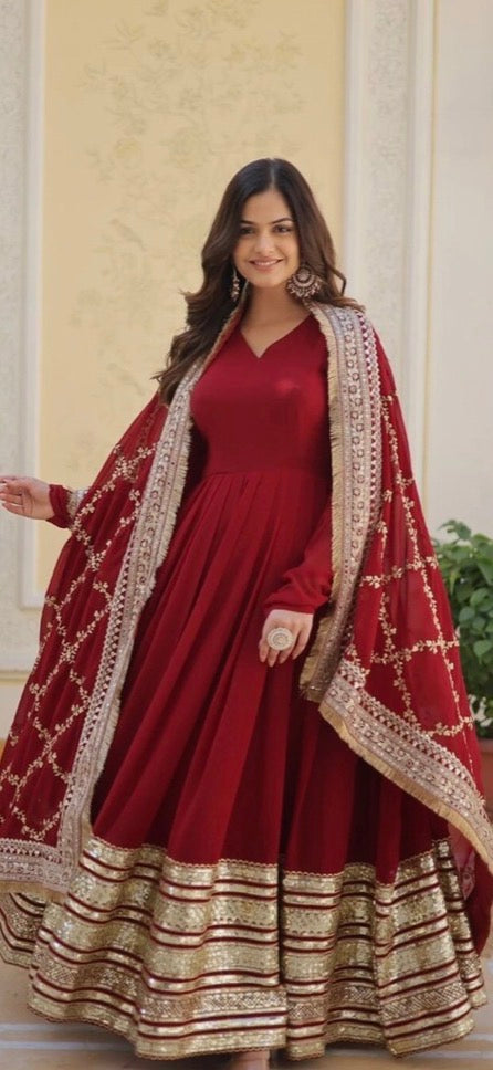 Red Anarkali Suit With Heavy Lace And Heavy Phulkari Chunni