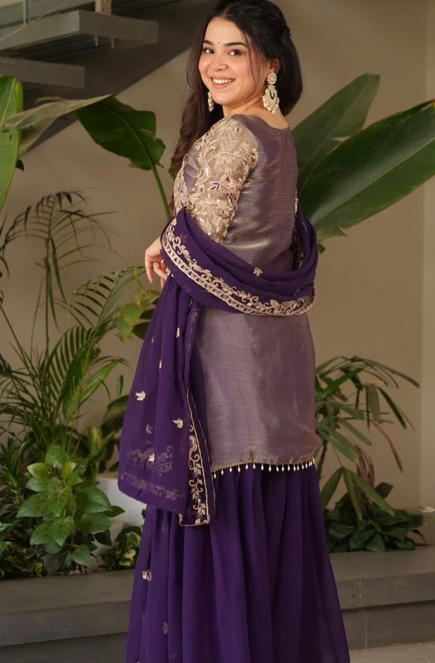 Designer Embroidered Top Sharara Palazzo Dupatta Set
