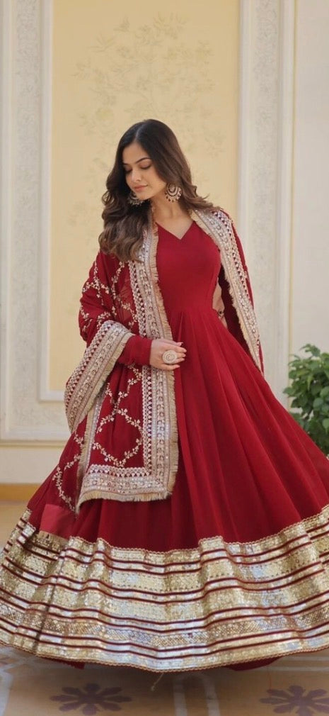 Red Anarkali Suit With Heavy Lace And Heavy Phulkari Chunni