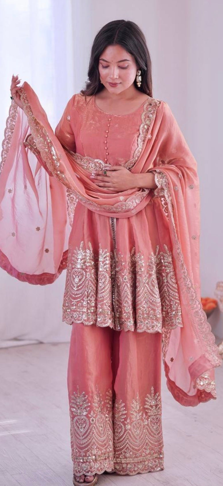 Designer Readymade Mirror Work Peplum Top With Plazo And Dupatta Set