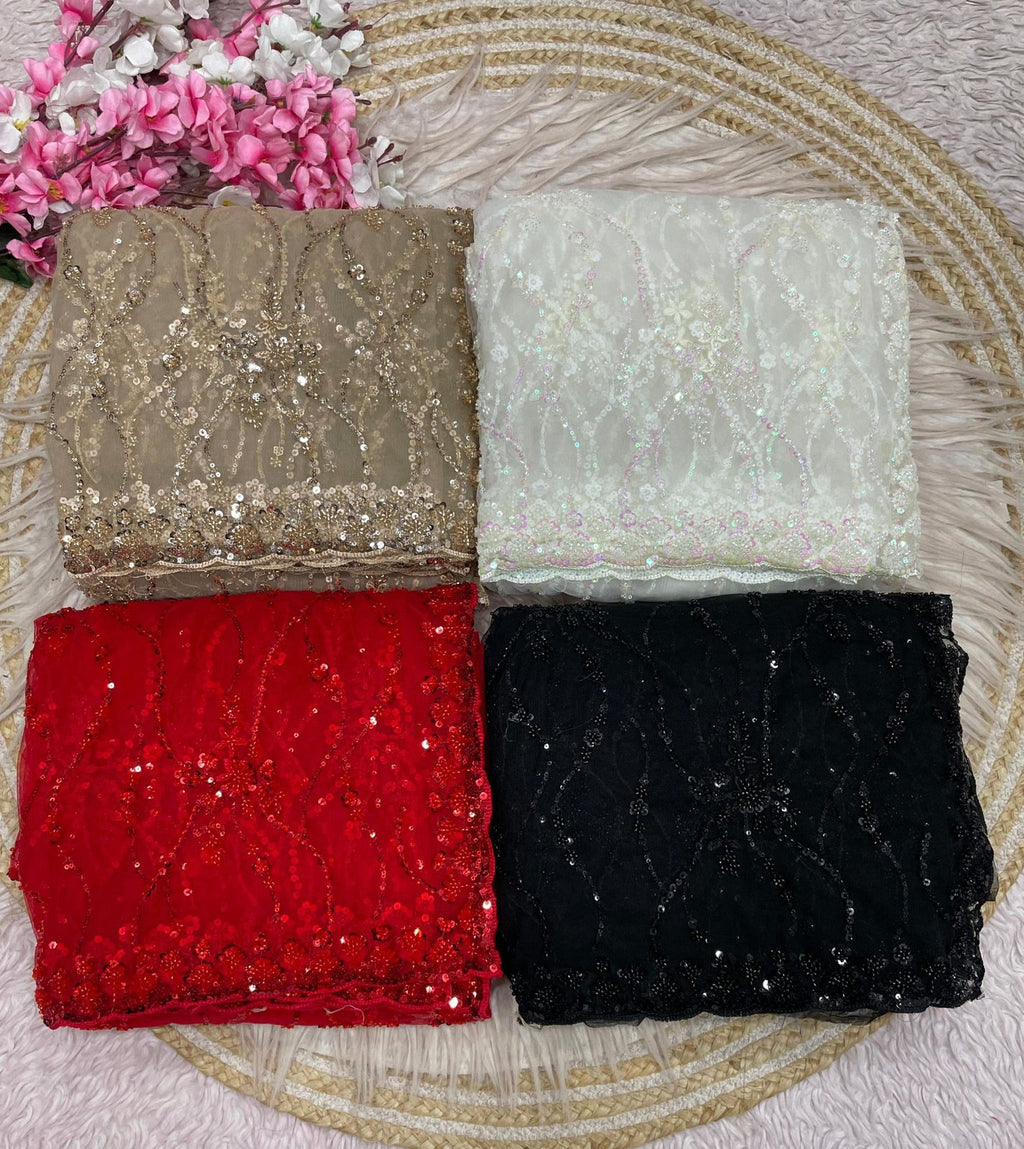 Designer Net Saree with Sequin Floral Embroidery & Scalloped Border