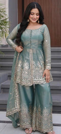 Designer Readymade Mirror Work Peplum Top With Plazo And Dupatta Set