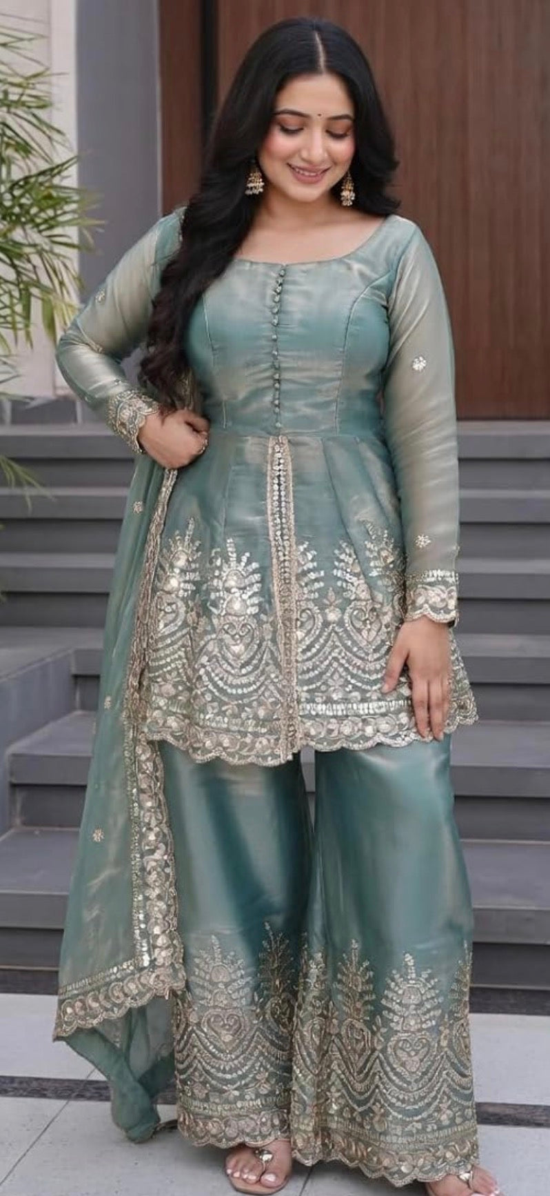 Designer Readymade Mirror Work Peplum Top With Plazo And Dupatta Set