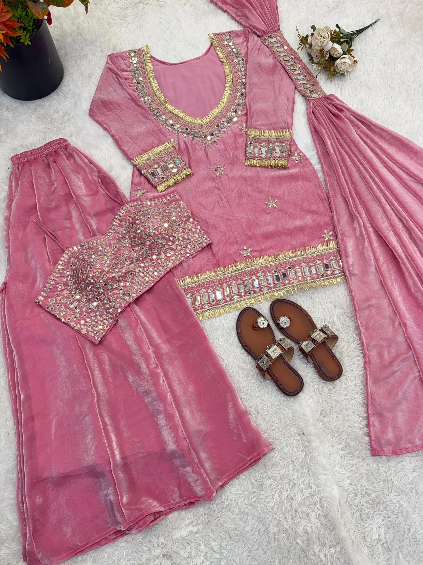 Premium Fendy Silk Mirror Work Top with Sharara Palazzo & Dupatta Set