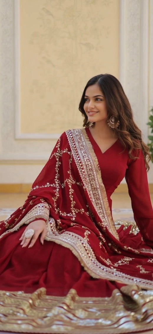 Red Anarkali Suit With Heavy Lace And Heavy Phulkari Chunni