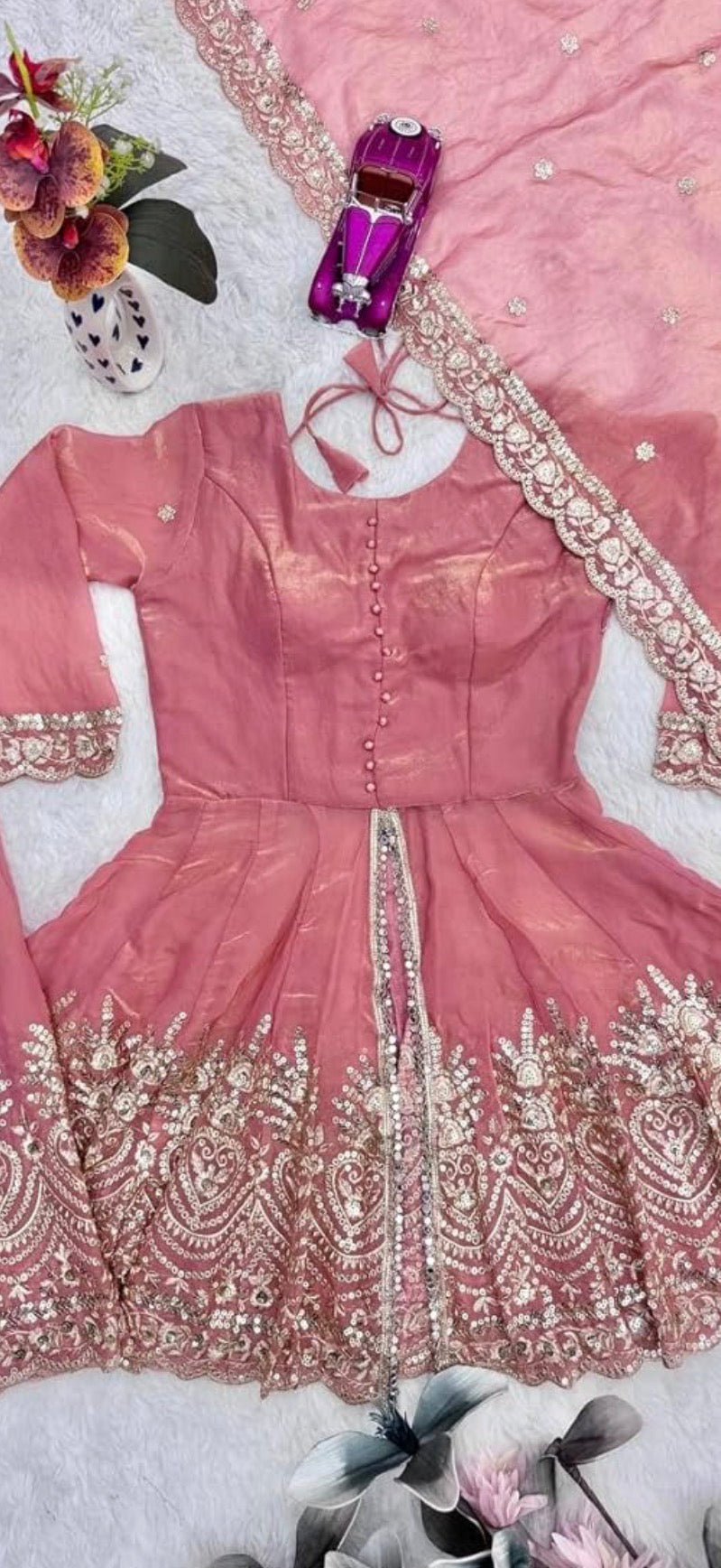 Designer Readymade Mirror Work Peplum Top With Plazo And Dupatta Set