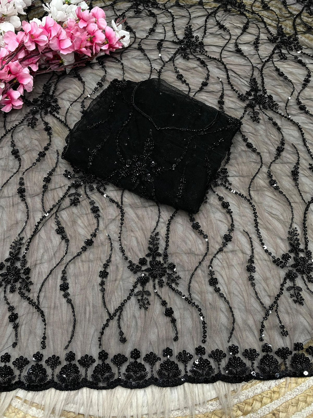 Designer Net Saree with Sequin Floral Embroidery & Scalloped Border