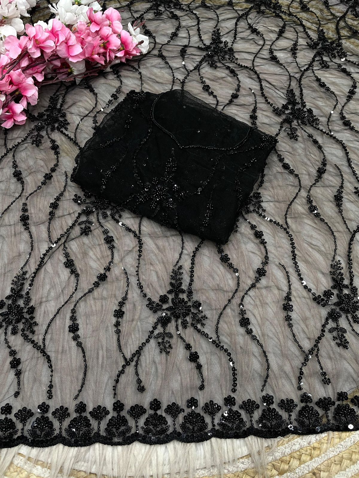 Designer Net Saree with Sequin Floral Embroidery & Scalloped Border