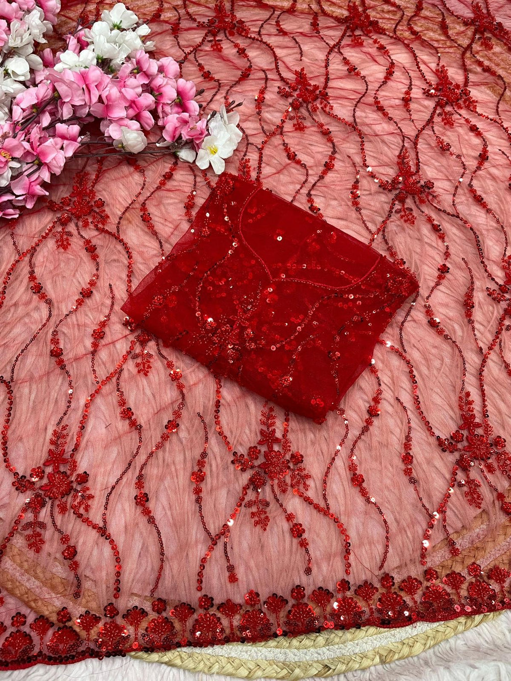 Designer Net Saree with Sequin Floral Embroidery & Scalloped Border