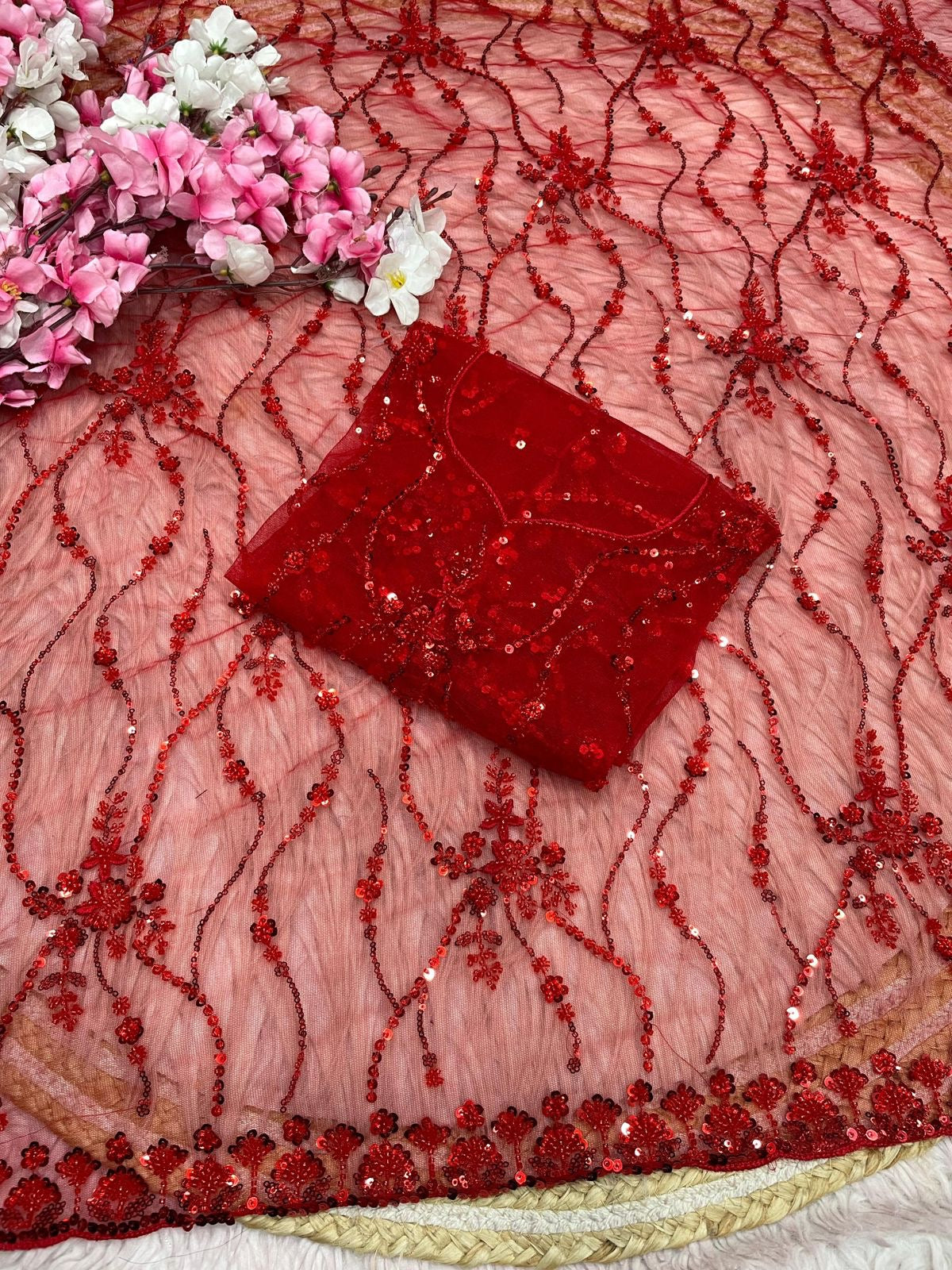 Designer Net Saree with Sequin Floral Embroidery & Scalloped Border