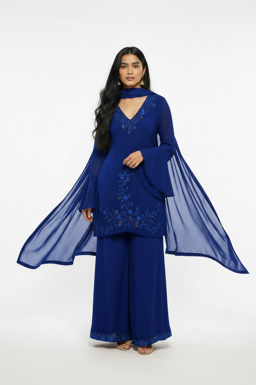 90s Kurti - Royal Blue with Blue Beaded Neckline