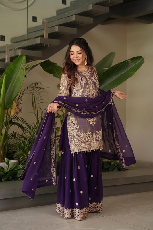 Designer Embroidered Top Sharara Palazzo Dupatta Set