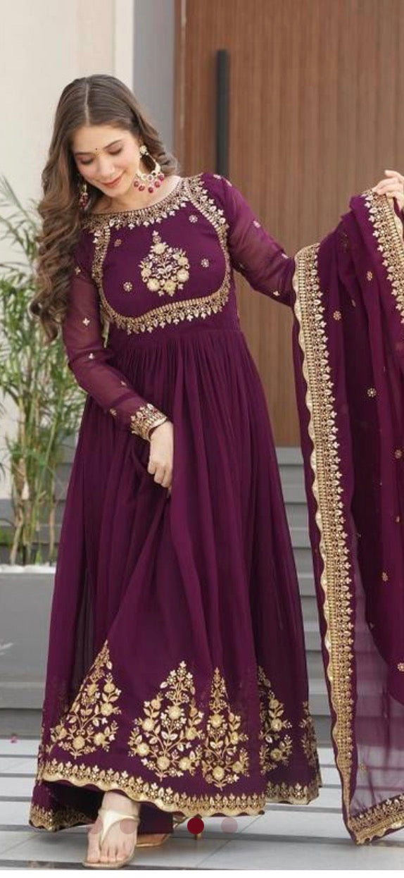 Wine Faux Blooming Georgette With Zari Thread & Sequins Embroidery Gown With Dupatta