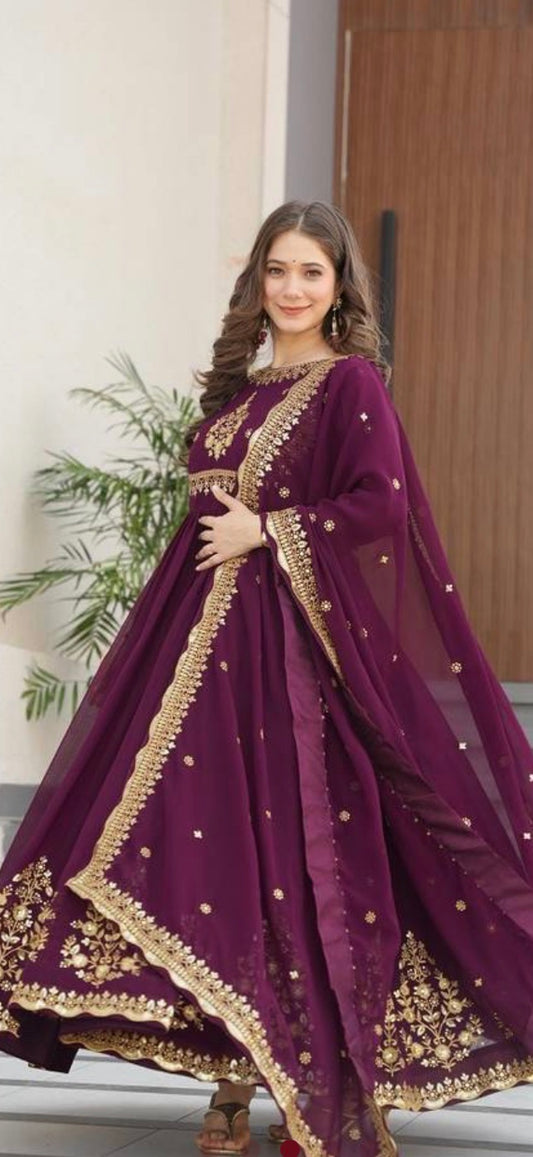 Wine Faux Blooming Georgette With Zari Thread & Sequins Embroidery Gown With Dupatta