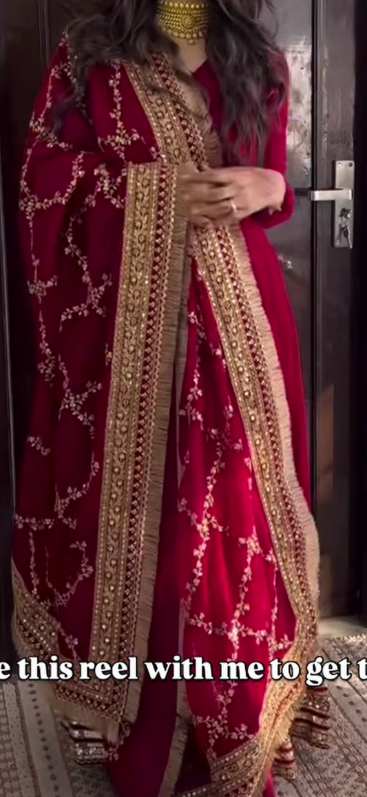 Red Anarkali Suit With Heavy Lace And Heavy Phulkari Chunni