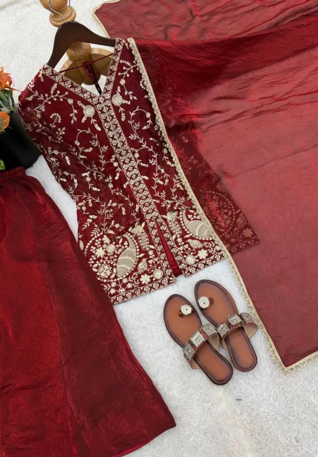 Ready Look Maroon Silk Embroidered Top With Designer Plazzo Wear And Four Side Lace Border Dupatta