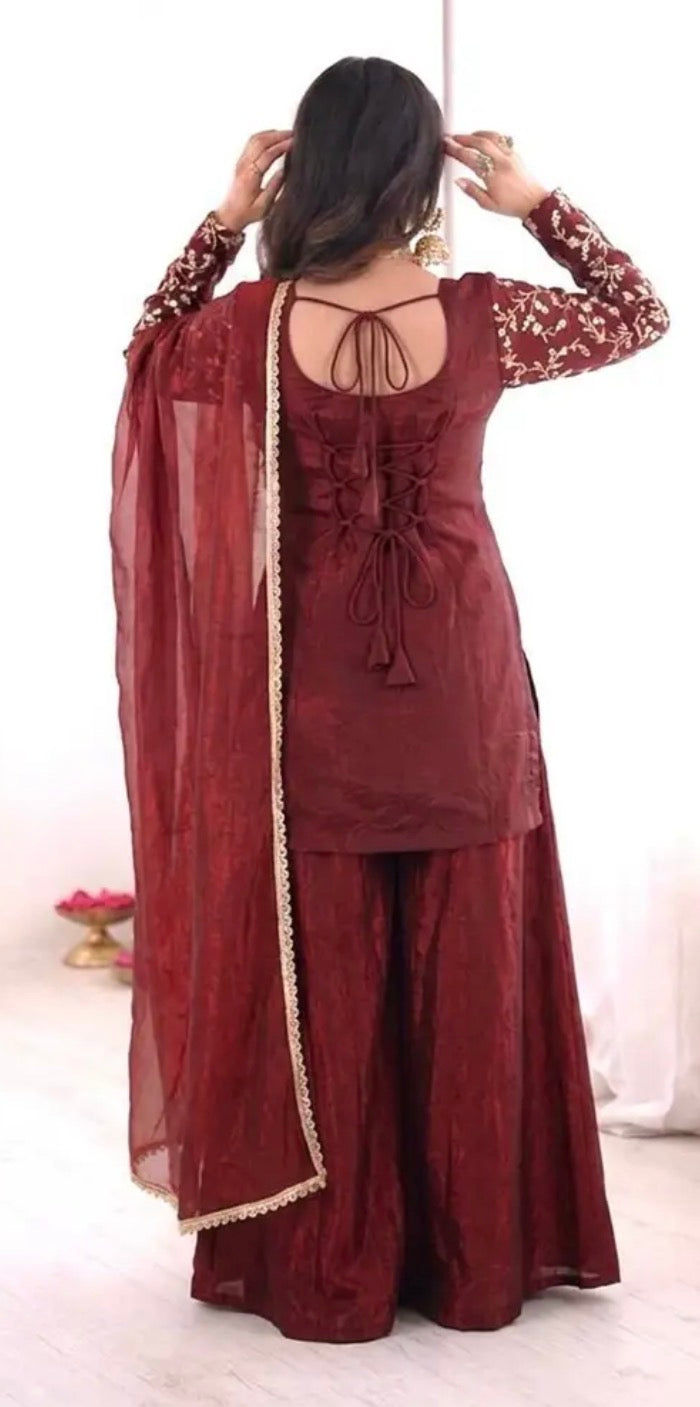 Ready Look Maroon Silk Embroidered Top With Designer Plazzo Wear And Four Side Lace Border Dupatta
