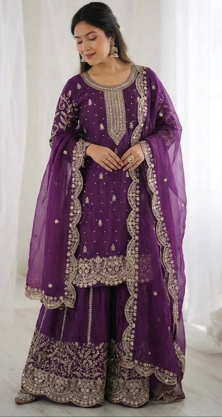 Royal Purple Embroidered Sharara Stitched