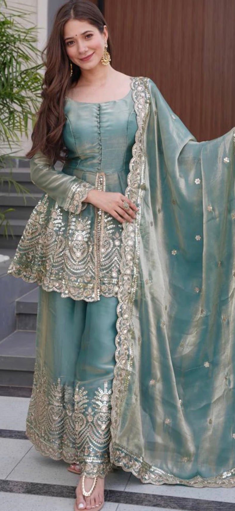 Designer Readymade Mirror Work Peplum Top With Plazo And Dupatta Set