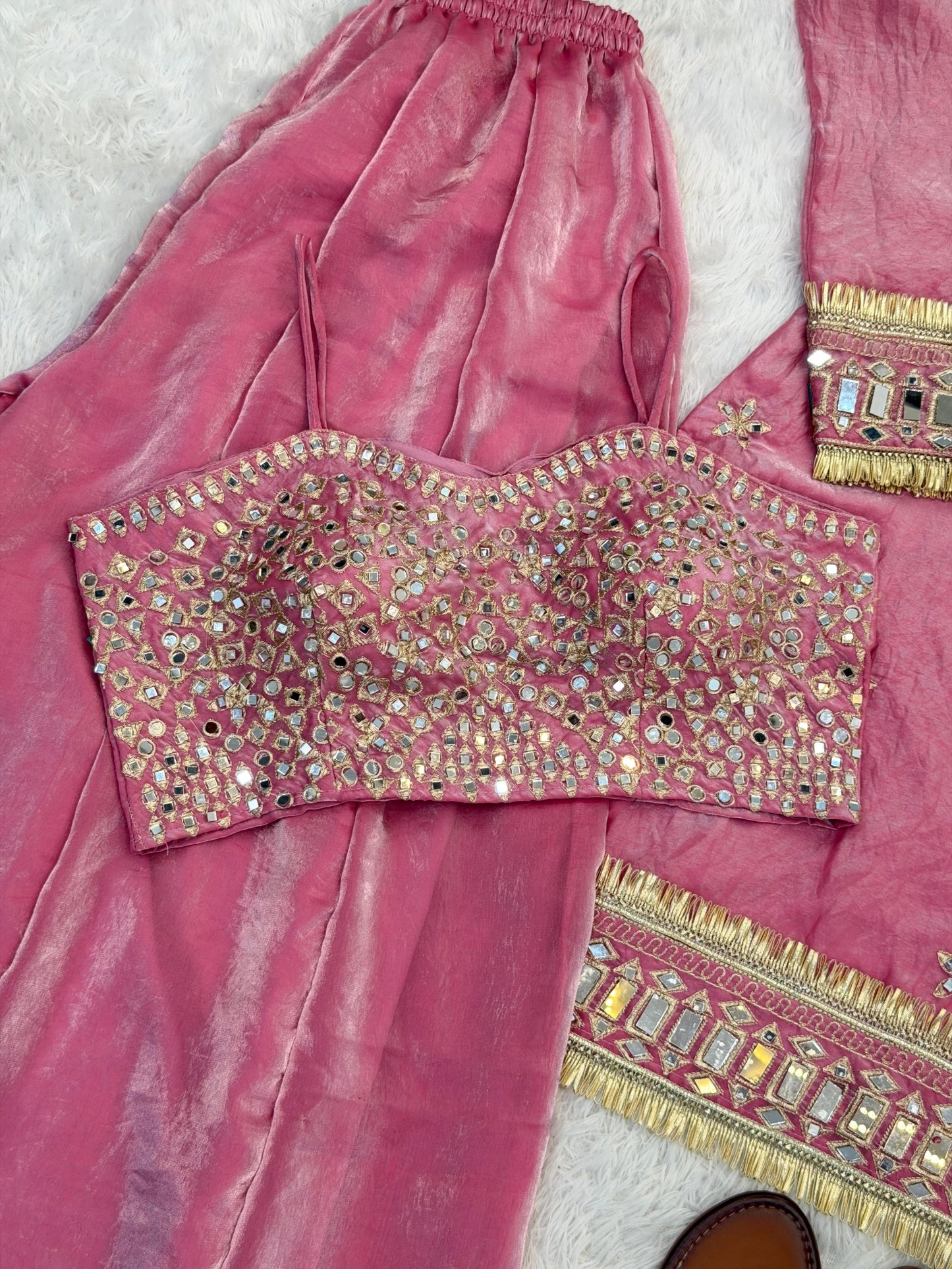 Premium Fendy Silk Mirror Work Top with Sharara Palazzo & Dupatta Set