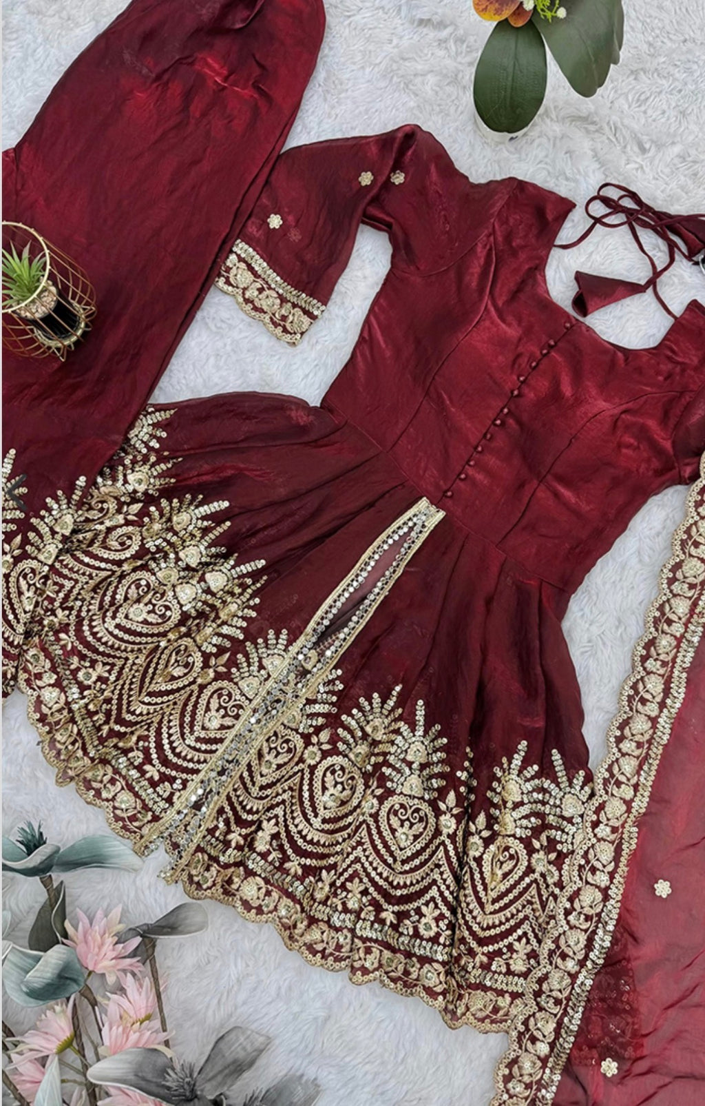 Designer Readymade Mirror Work Peplum Top With Plazo And Dupatta Set