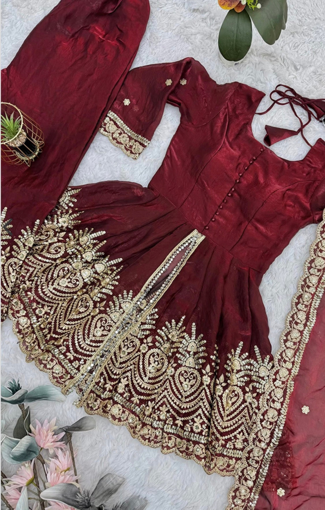 Designer Readymade Mirror Work Peplum Top With Plazo And Dupatta Set