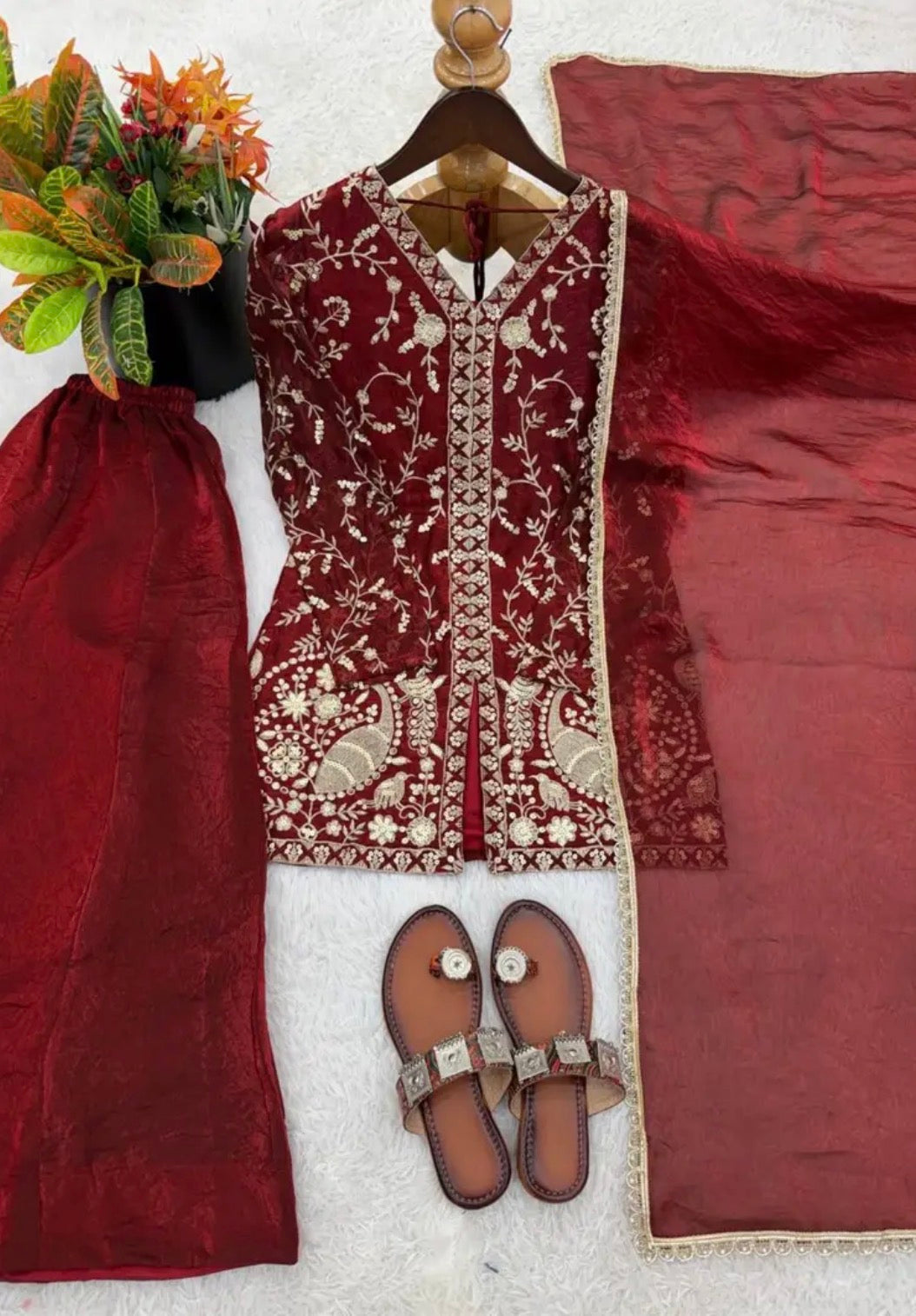 Ready Look Maroon Silk Embroidered Top With Designer Plazzo Wear And Four Side Lace Border Dupatta