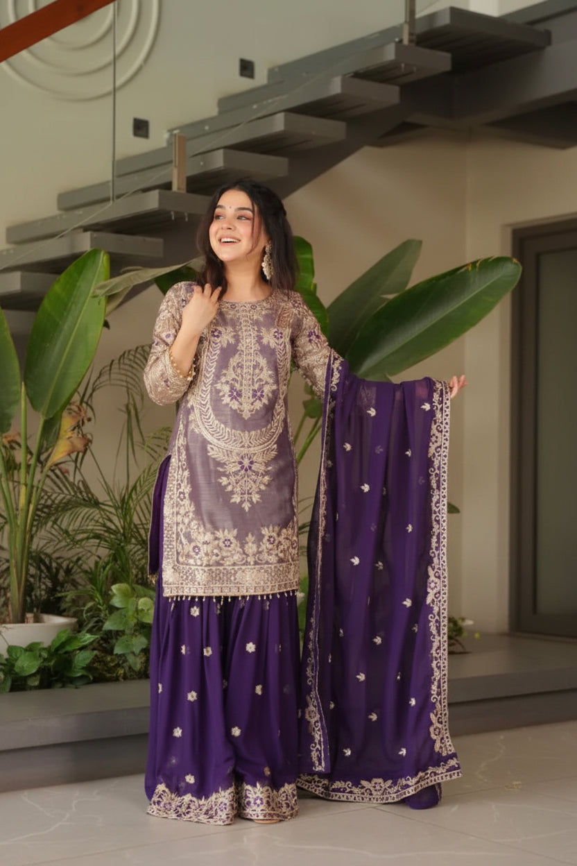 Designer Embroidered Top Sharara Palazzo Dupatta Set