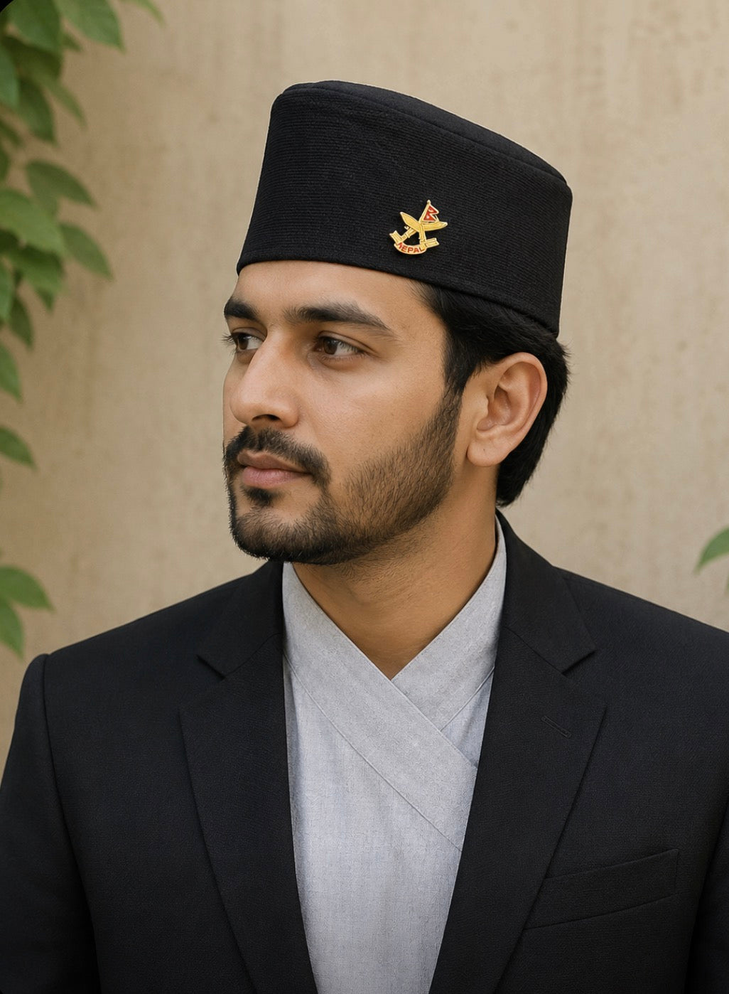 Nepali Kalo Topi with Signature Pin Nepal and Khukuri