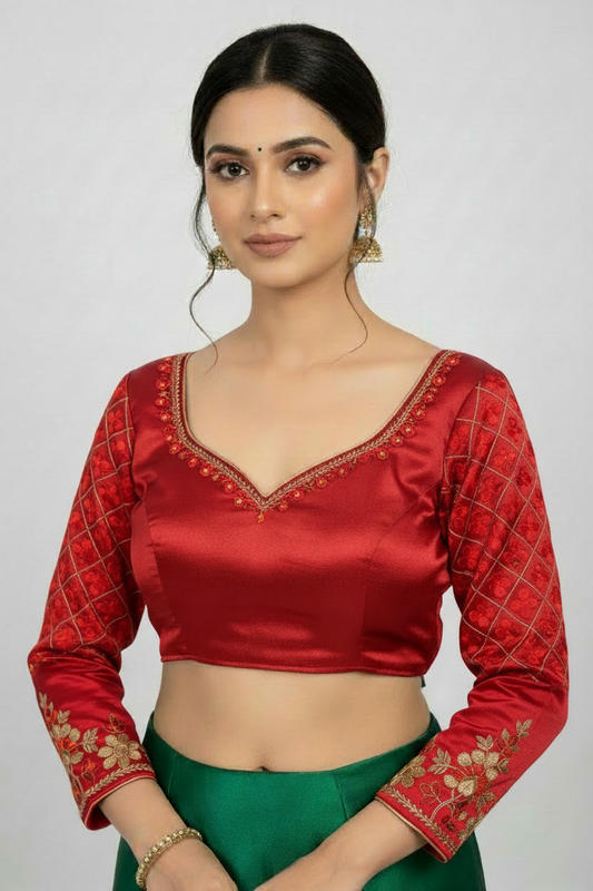 All Red Handwork Blouse on Model