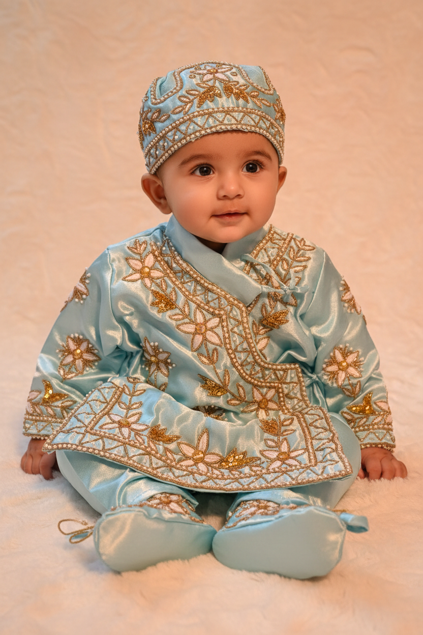 Baby in Sky Blue Zardozi Set