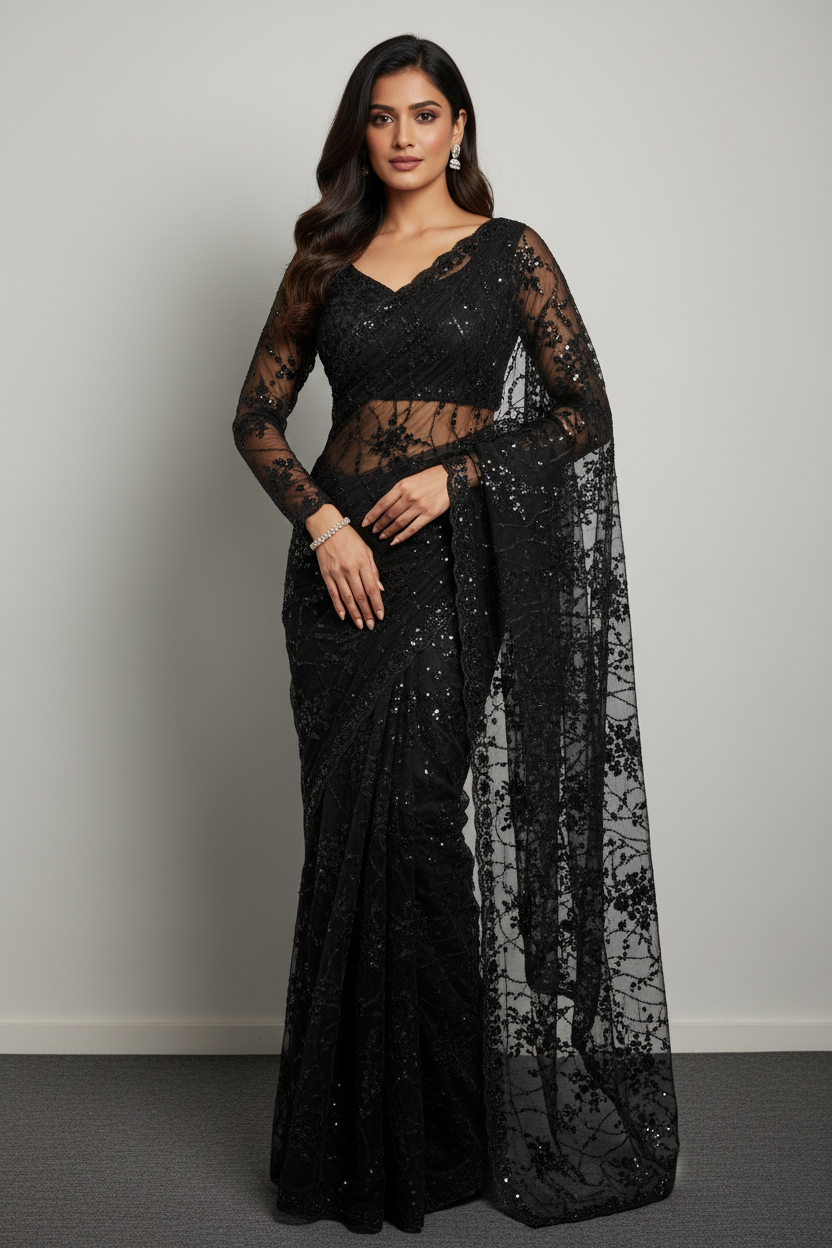 Black Saree with Full Sleeve Blouse on Model
