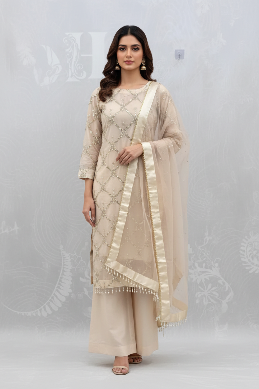 Cream Embroidered 3-Piece Suit on Model