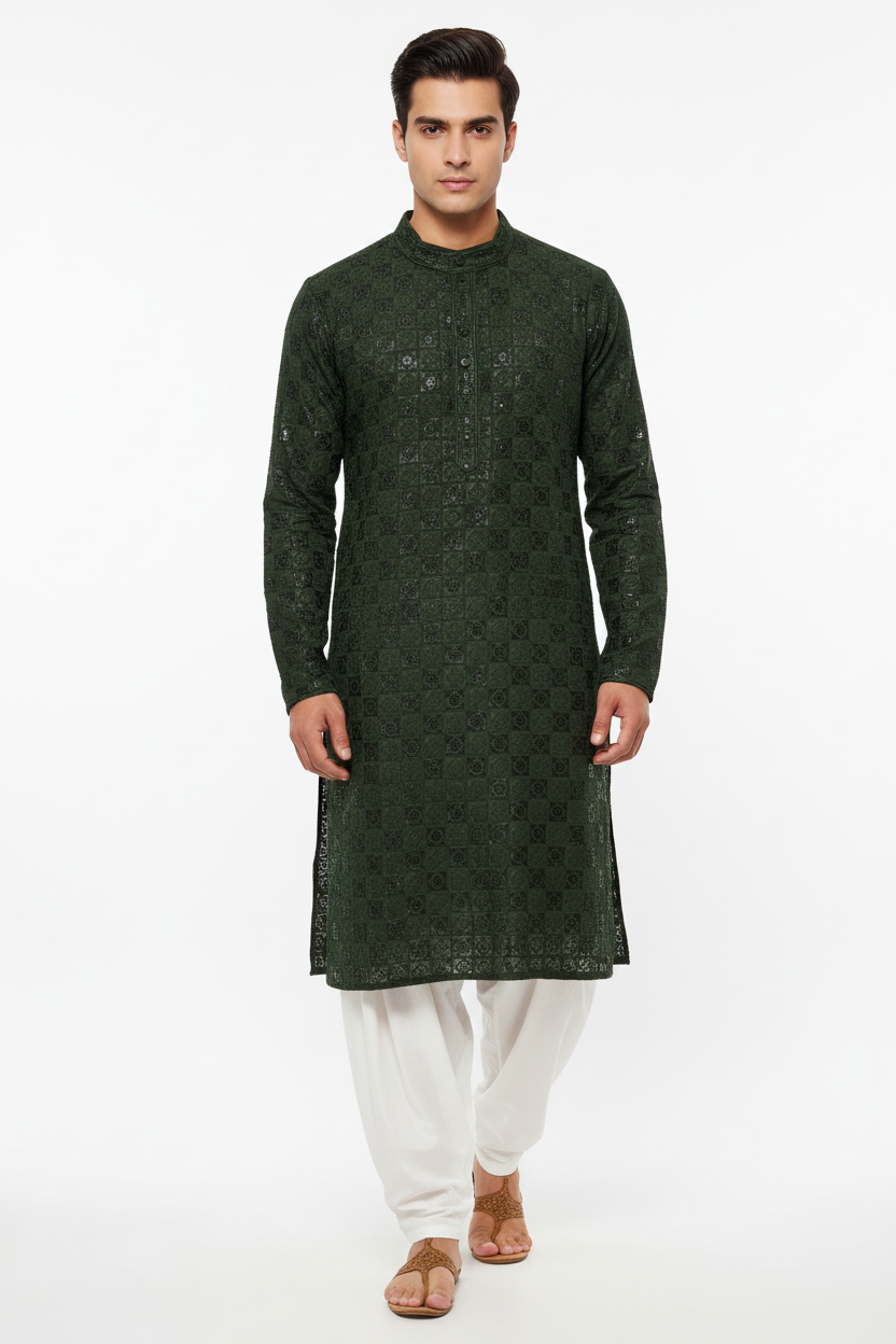Dark Green Sequin Kurta with White Surwal