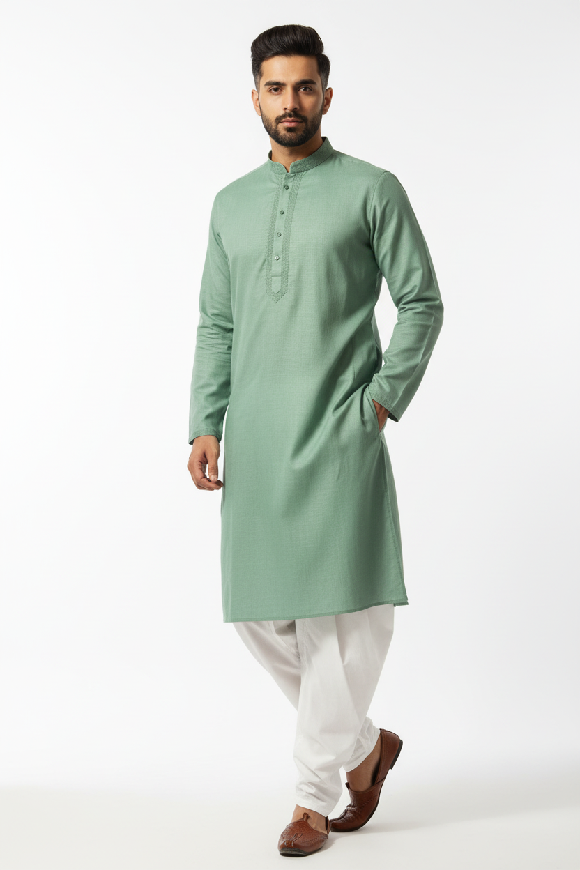 Green Kurta with White Surwal on Male Model