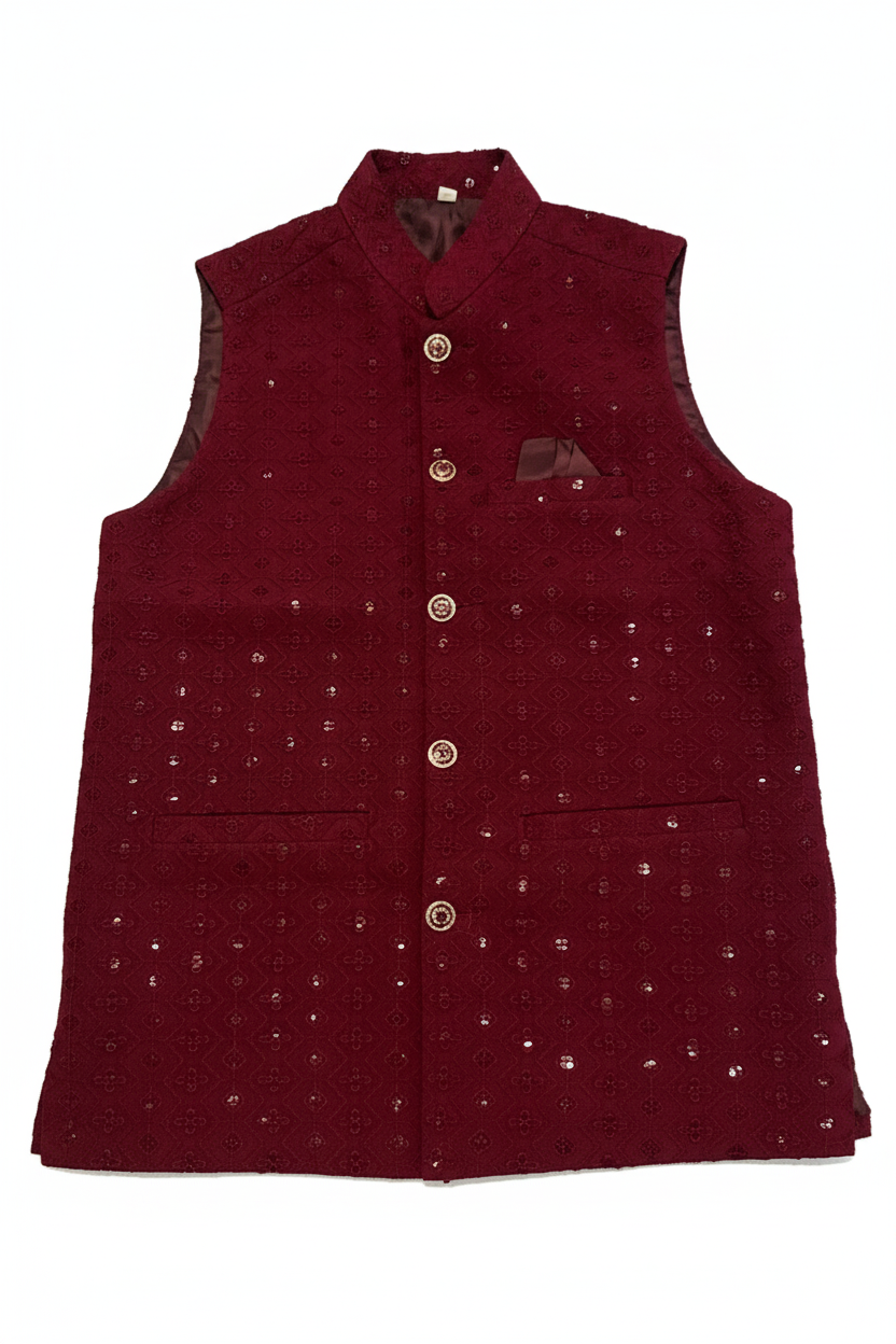 Maroon Sequin Nehru Waistcoat on White Background