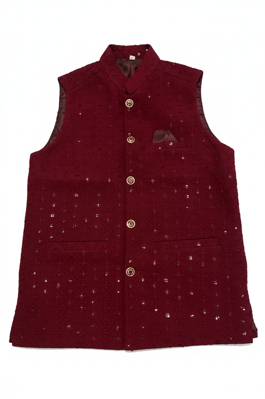 Maroon Sequin Nehru Waistcoat on White Background