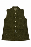 Olive Green Embroidered Nehru Waistcoat on White Background