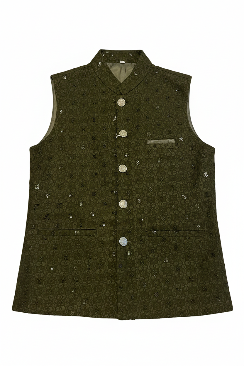 Olive Green Embroidered Nehru Waistcoat on White Background