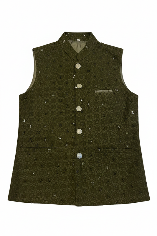 Olive Green Embroidered Nehru Waistcoat on White Background