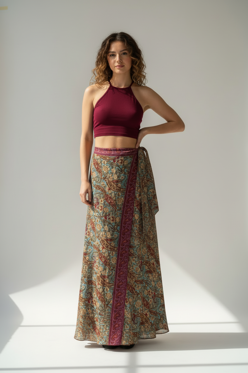 Paisley Wrap Skirt with Burgundy Halter Top