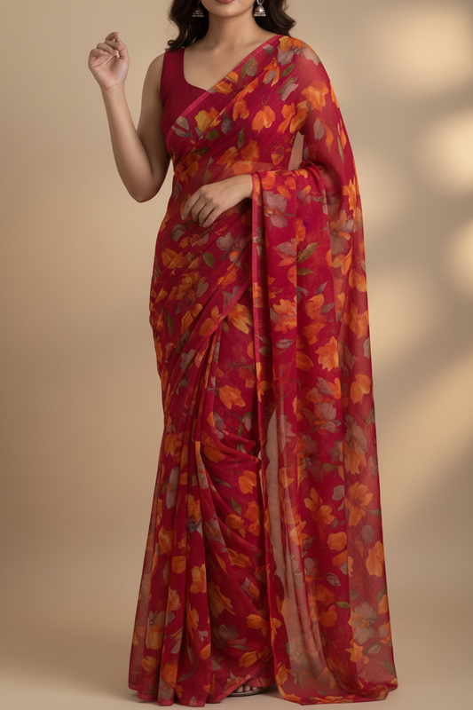 Red Floral Saree - Red Blouse