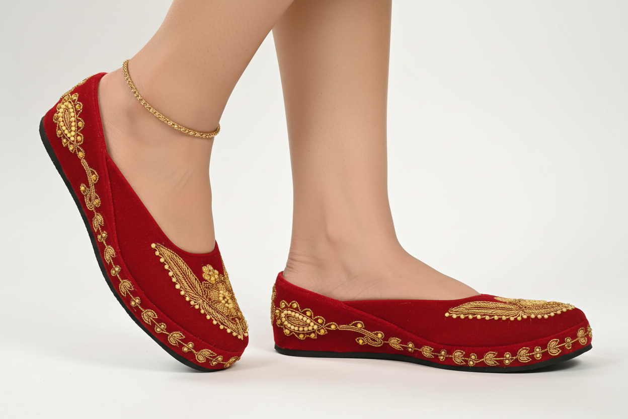 Red Heeled Mojri with Gold Embroidery on Model
